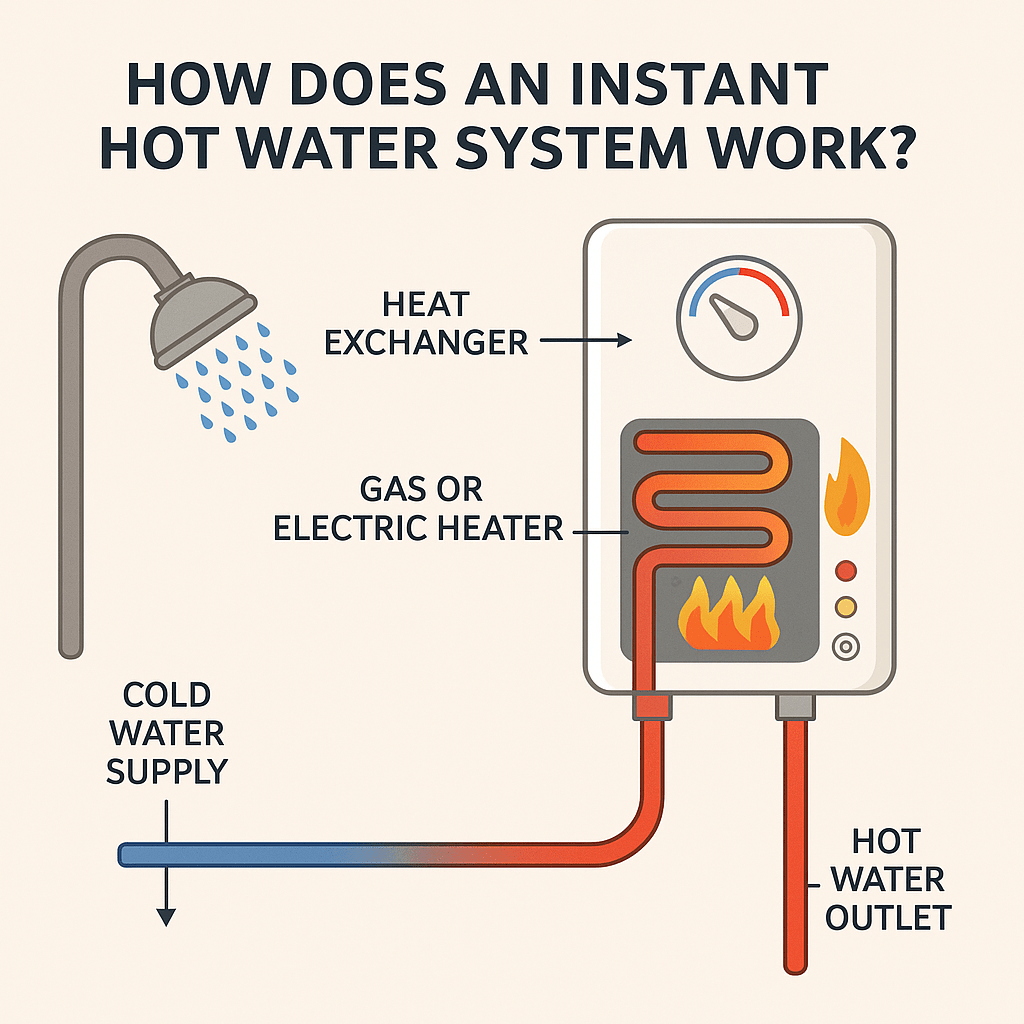 Diagram showing how an instant hot water system works, with labeled components including a cold water supply line entering a unit with a heat exchanger and gas or electric heater, and a hot water outlet leading to a showerhead.
